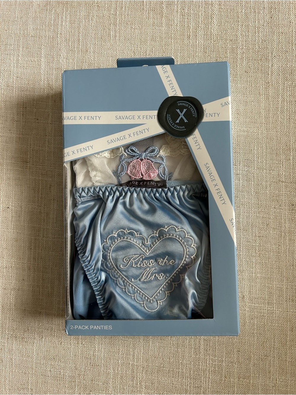 Savage X Fenty Blue Satin 'Kiss the Mrs.' Panty Set Bridal